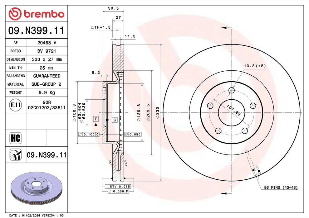 Brembo OE Front Brake Discs (Pair) for Ford Focus MK4 ST - 330mm